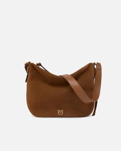 Pinko Medium Suede Hobo Bag With Love Birds Logo In Brown