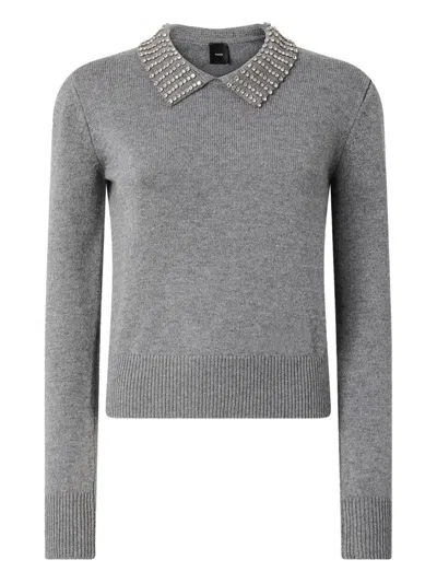 Pinko Medium-grey Knit Sweater With Pointed Collar And Silver Studs