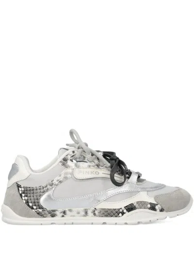 Pinko Mesh And Leather Sneakers With Python Print In Silver