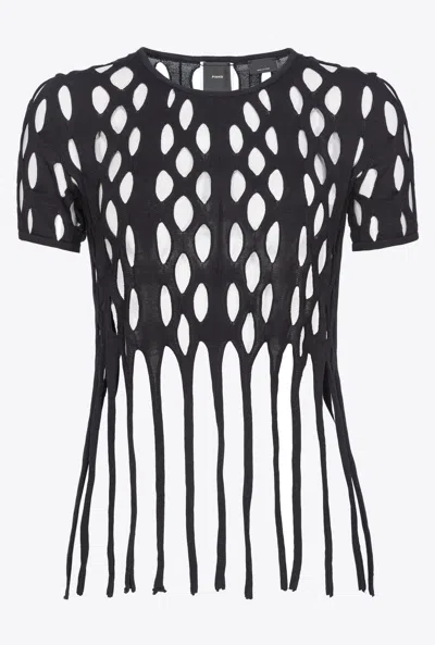 Pinko Mesh-effect Top With Fringing In Noir Limousine