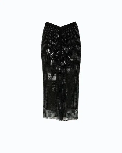 Pinko Mesh-effect Calf-length Skirt With Rhinestones In Black