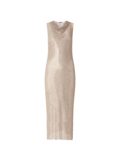 Pinko Mesh-effect Midi Dress With Rhinestones In Gold
