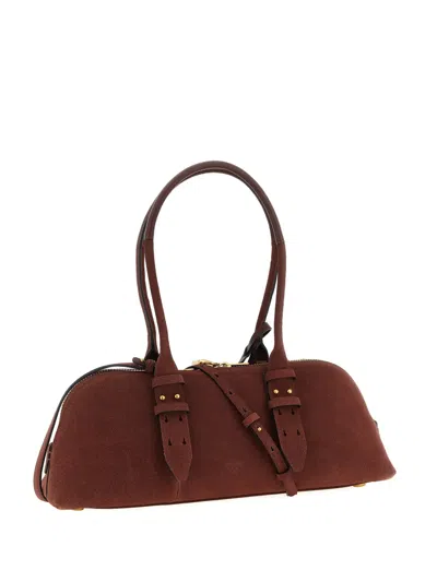 Pinko Metal Logo Suede Shoulder Bag In Brown