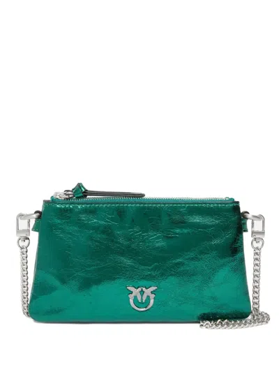 Pinko Metallic Calfskin Chain Bag In Green