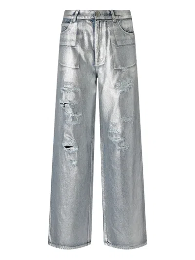 Pinko Loose-fit Laminated Denim Jeans In Silver