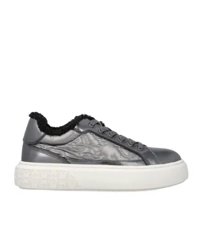 Pinko Metallic Fur-lined Sneakers In Gray