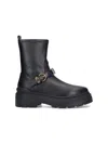 Pinko Rounded Toe Black Leather Ankle Boots With Front Strap In Black