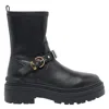 Pinko Rounded Toe Black Leather Ankle Boots With Front Strap In Black