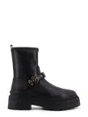 Pinko Rounded Toe Black Leather Ankle Boots With Front Strap
