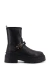 Pinko Rounded Toe Black Leather Ankle Boots With Front Strap In Black