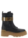Pinko Stretch Leather Biker Lace-up With Gold Buckle In Black