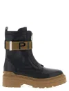 Pinko Stretch Leather Biker Lace-up With Gold Buckle In Black