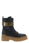Pinko Stretch Leather Biker Lace-up With Gold Buckle In Black