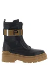 Pinko Stretch Leather Biker Lace-up With Gold Buckle In Black