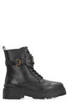 Pinko Chunky Platform Black Leather Boots With Decorative Buckle In Multi