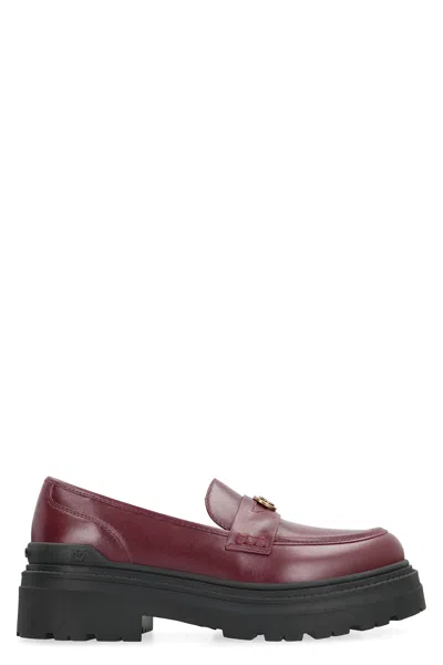 Pinko Mia Leather Loafers In Burgundy