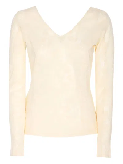 Pinko Relaxed Fit Beige Knit Sweater With Round Neckline In White