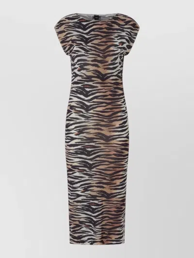 Pinko Midi Dress Animal Print Cap Sleeves In Brown