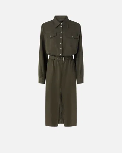 Pinko Midi Shirt Dress With Belt And Breast Pockets In Green-greyish