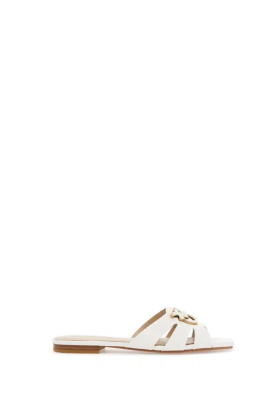 Pinko Milk Calf Leather Slippers With Striped Structure And Golden Details In Beige