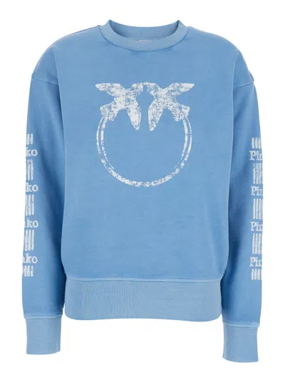 Pinko Mindelo Light Blue Sweatshirt With Logo Print On The Front And Sleeves In Cotton Woman