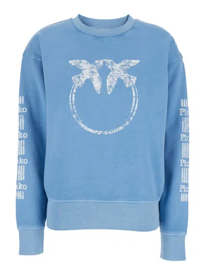 PINKO 'MINDELO' LIGHT BLUE SWEATSHIRT WITH LOGO PRINT ON THE FRONT AND SLEEVES IN COTTON WOMAN
