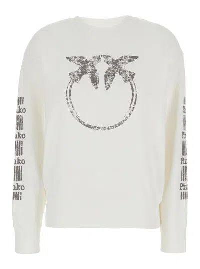 PINKO 'MINDELO' WHITE SWEATSHIRT WITH LOGO PRINT ON THE FRONT AND SLEEVES