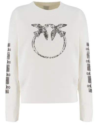 Pinko 'mindelo' White Sweatshirt With Logo Print On The Front And Sleeves In Cotton Woman