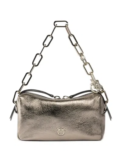 Pinko Mini Boston Bag In Laminated Nappa Leather With Two Straps In Gray
