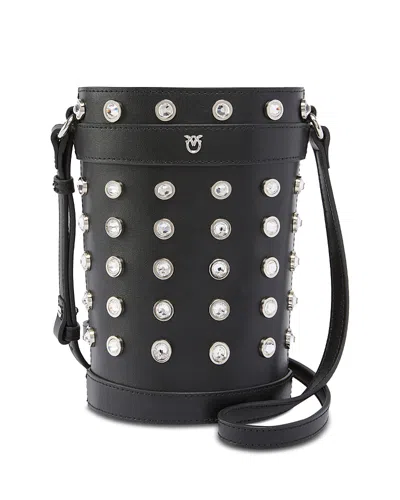 Pinko Mini Crystal Studded Leather Bucket Bag In Black