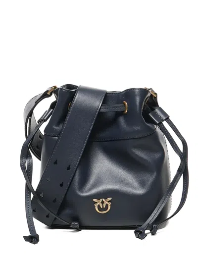 Pinko Mini Drawstring Leather Bucket Bag In Blue