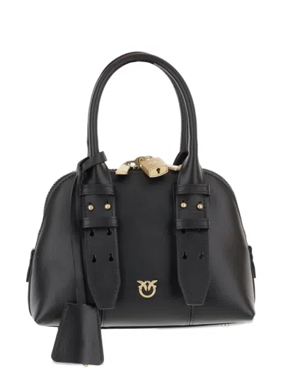 Pinko Mini Escape Love Birds Padlock Leather Tote Bag In Black