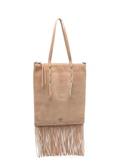 Pinko Mini Fringed-detailing Stud-embellished Suede Tote Bag In Neutral