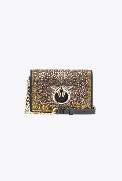 Pinko Galleria Full-rhinestone Mini Love Bag Click In Black-light Gold