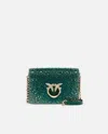 Pinko Galleria Full-rhinestone Mini Love Bag Click In Dark Green-light Gold