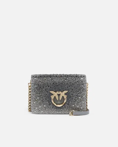 Pinko Galleria Full-rhinestone Mini Love Bag Click In Penguin Grey-light Gold