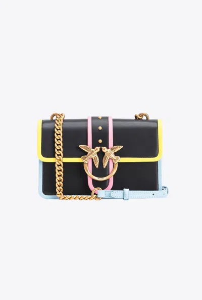 Pinko Mini Love Bag One In Leather With Multicoloured Edging In Noir-vieil Or
