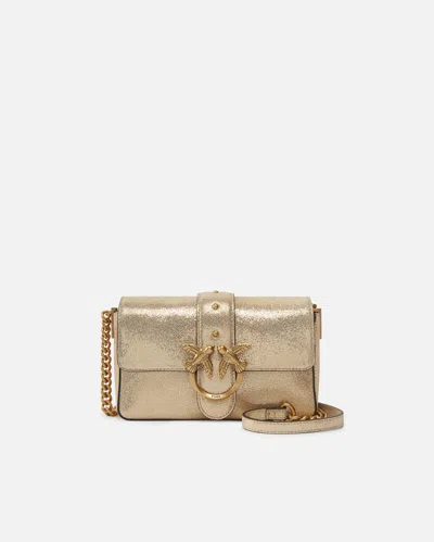 Pinko Mini Love Bag Suede Glitter Crossbody Bag In Gold/sand-antique Gold