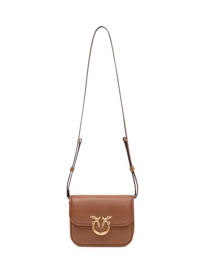 Pinko Mini Love Box Shoulder Bag In Marrone/leone/antique Gold