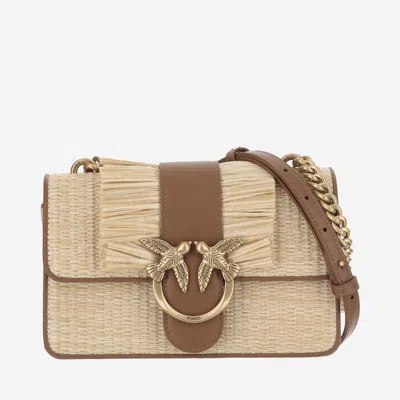 Pinko Mini Love Light Bag Made Of Raffia And Leather With Bangs In Natural