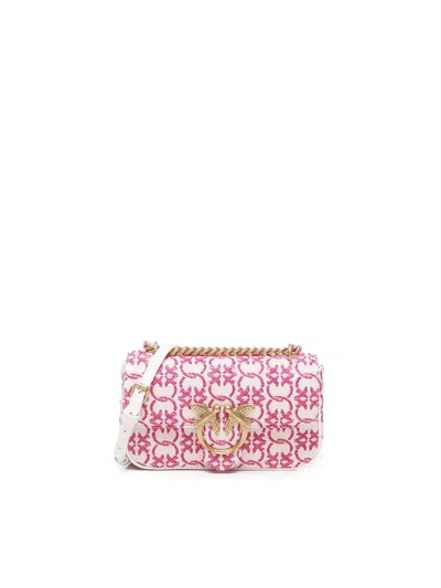 Pinko Mini Love One Logo Jacquard Chain Linked Shoulder Bag In Beige/rose-or Antique