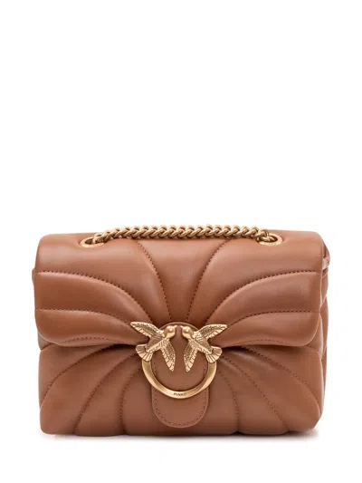 Pinko Mini Love Puff Shoulder Bag With Chain In Marrone/leone/antique Gold