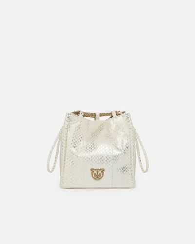 Pinko Galleria Mini Bucket Bag In Laminated Reptile Skin In White/silver-light Gold