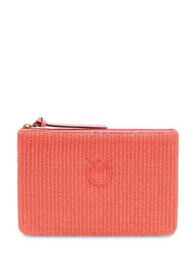 Pinko Mini Raffia Clutch With Zip And Logo In Pink-antique Gold