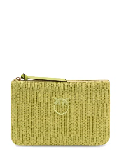 Pinko Mini Rafia Clutch With Zip And Logo In Verde Mela-antique Gold