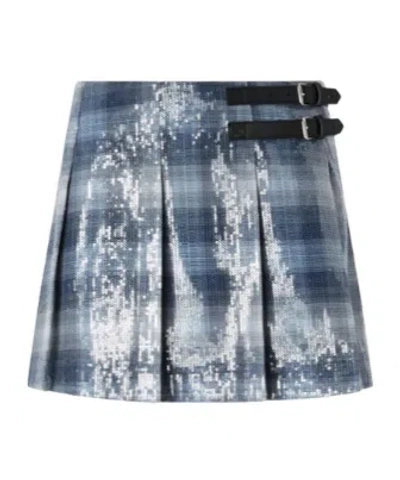 Pinko Mini Skirt With Check Pattern And Sequins In Blue