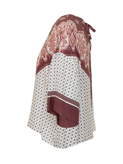 Pinko Mini Twill Shirt With Unique Fabric Art In Mult.bordeaux/rosso