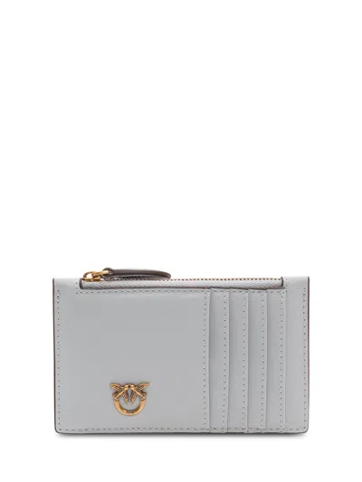 Pinko Mini Wallet With Iconic Front Logo In Azzurro Celeste/antique Gold