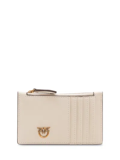 Pinko Mini Wallet With Logo Detail In Bianco Seta/antique Gold