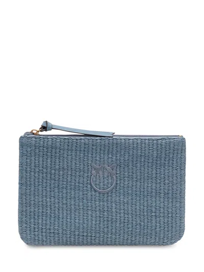 Pinko Mini Zip Clutch With Logo Detail In Light Blue-antique Gold